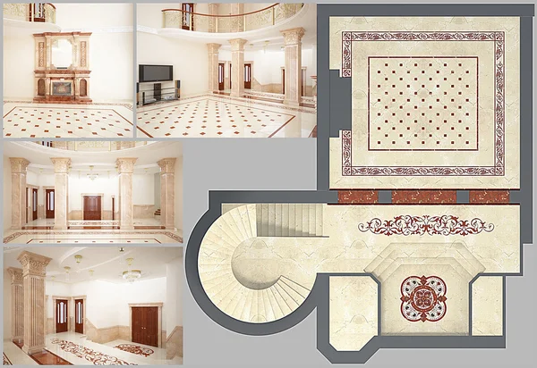 Representación 3D Hermosa sala de estar con piso de mosaico — Foto de Stock