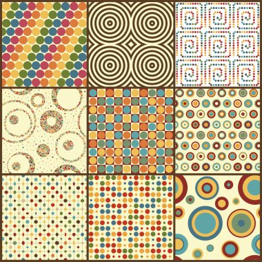 dokuz retro geometrik Dikişsiz desen daireler ile set