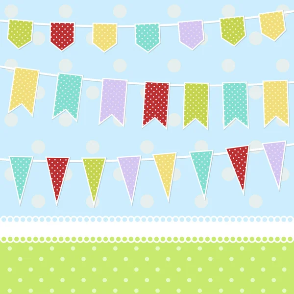 Kartkę z życzeniami z flagami kolorowe trznadel dziecinne — Wektor stockowy