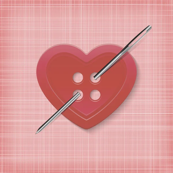 Heart-shaped button with a needle on a striped background — Stock Vector