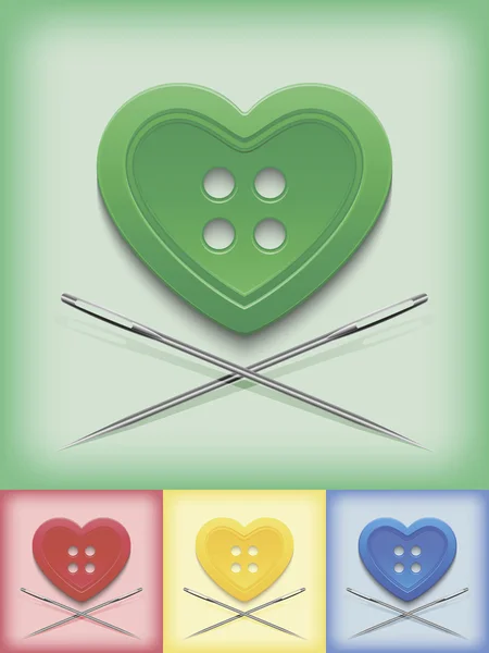 Botón en forma de corazón y agujas cruzadas — Vector de stock