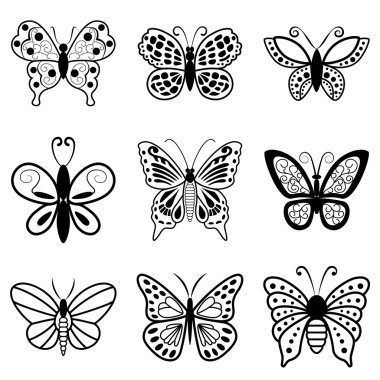 Butterflies, black silhouettes on white background