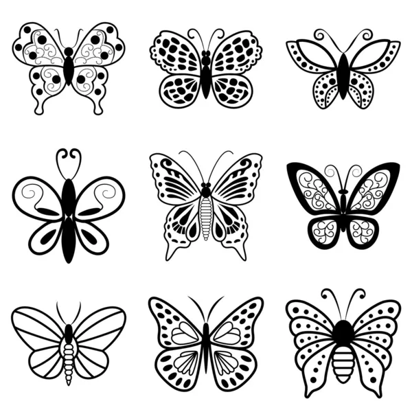 Mariposas, siluetas negras sobre fondo blanco — Vector de stock