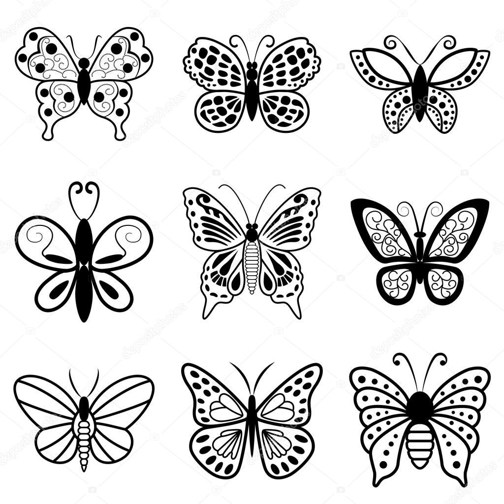 Butterflies, black silhouettes on white background