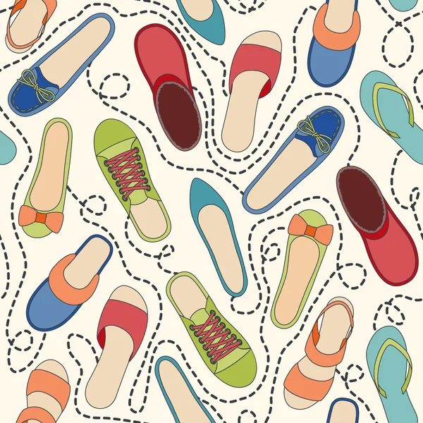 Seamless pattern with colored shoes and dashed lines. Find a pair — Stock Vector