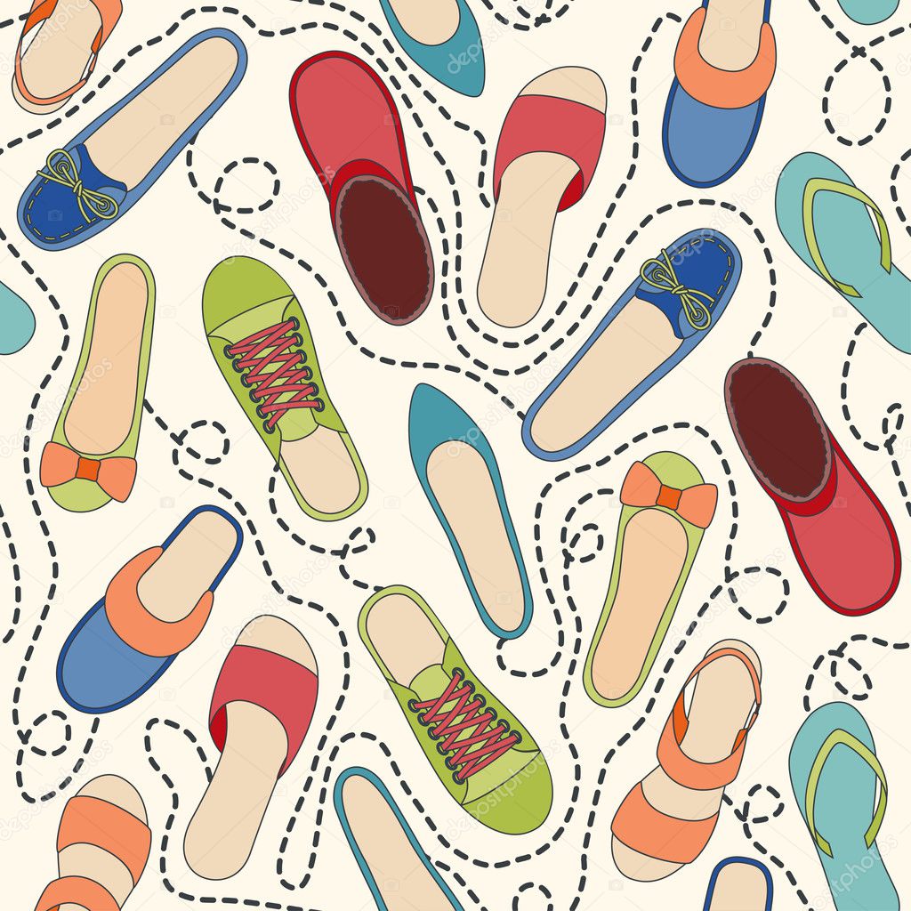 Seamless pattern with colored shoes and dashed lines. Find a pair