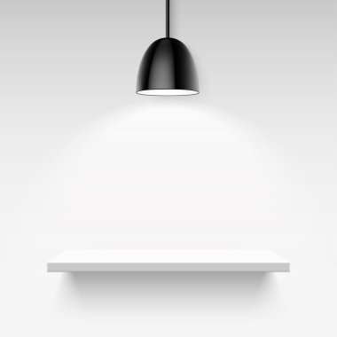Black ceiling lamp and empty white shelf on a light gray background