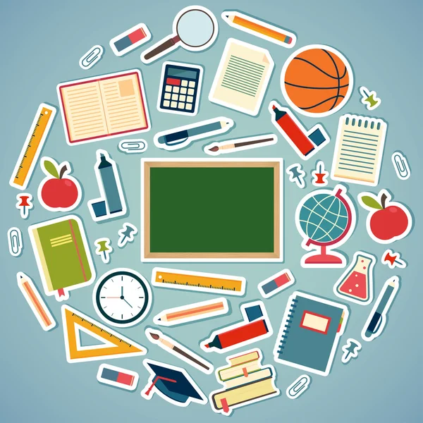 Outils et fournitures scolaires sur fond bleu. Illustration vectorielle ronde — Image vectorielle