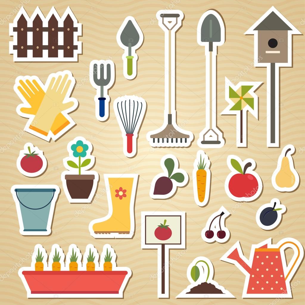 Garden and gardening tools icon set on a light wavy background Stock ...