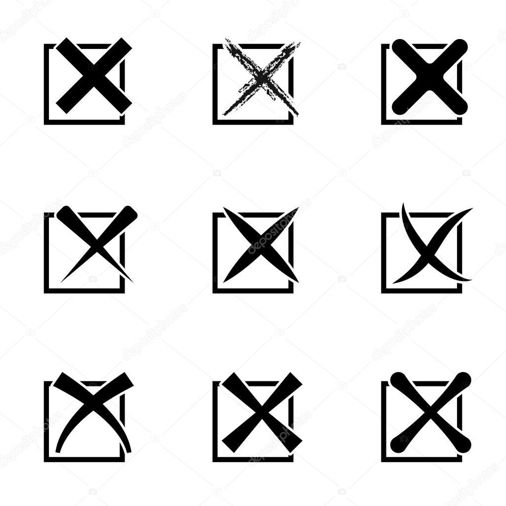 Set of nine different black and white vector cross marks in square frames