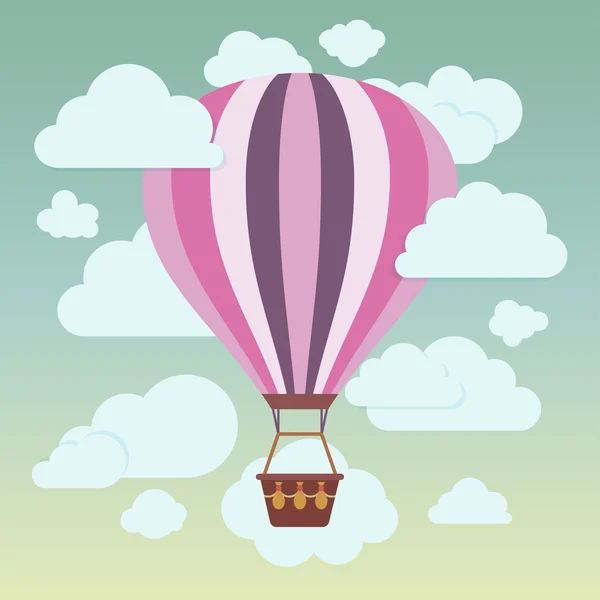 Bulutlar ve mavi bir arka plan üzerinde çizgili sıcak hava balonu — Stok Vektör