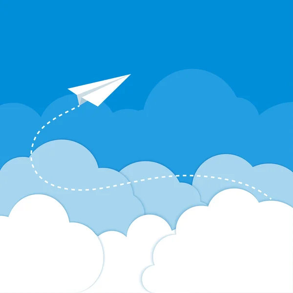 青色の背景に雲の中の紙飛行機 — 图库矢量图片
