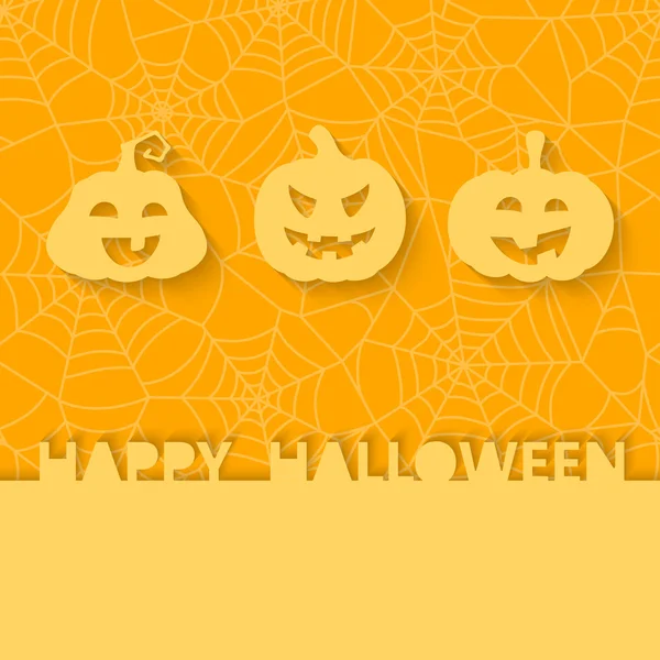 Drei orangefarbene Kürbisse auf dem Hintergrund des Webs. Halloween-Vektorkarte — Stockvektor
