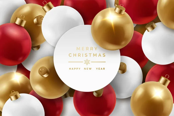Рождественский фон с яркими красочными шарами и место для текста. Иллюстрация новогодних открыток на светлом фоне — стоковый вектор