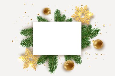 Parlak renkli topları, kar taneleri, konfetileri, köknar dalları ve yazı için yeri olan bir Noel arkaplanı. Işık arkaplanında yeni yıl ve Noel kartı çizimleri