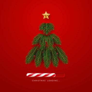 Yıldız ve kırmızı toplarla süslenmiş dallardan yapılmış gerçekçi köknar ağacı. Noel yükleniyor. Kırmızı arkaplanda yeni yıl konsept kartı illüstrasyonu