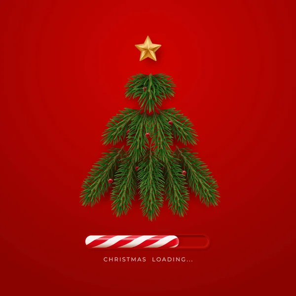 Yıldız ve kırmızı toplarla süslenmiş dallardan yapılmış gerçekçi köknar ağacı. Noel yükleniyor. Kırmızı arkaplanda yeni yıl konsept kartı illüstrasyonu