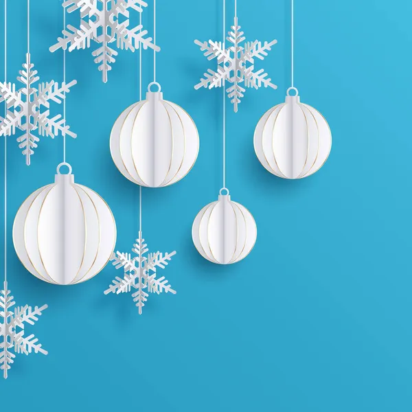 Papier de Noël coupé 3d flocons de neige et des boules avec ombre sur fond bleu. Conception minimale Nouvelle année et carte de Noël, affiche ou bannière — Image vectorielle