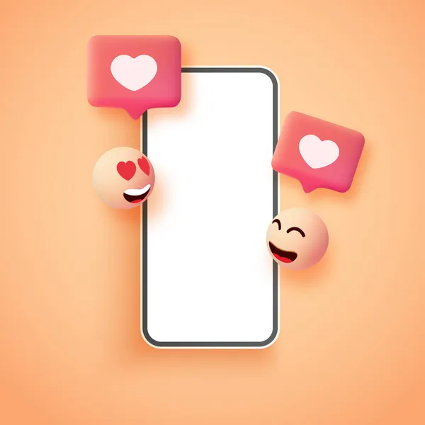 Teléfono móvil 3D realista con caras sonrientes e icono del corazón. Concepto de redes sociales. Interacción entre personas a través de las redes sociales — Archivo Imágenes Vectoriales