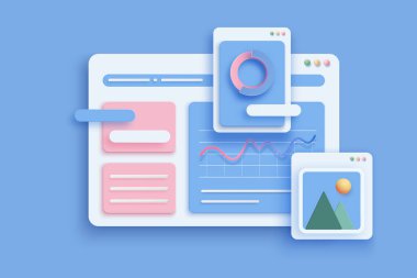 Çevrimiçi uygulamalar kavramı, web sayfası, fare okuyla resim ve grafik. Gerçekçilik soyut ağ elementleri. Şekiller ve bilgiyle ağ geliştirme
