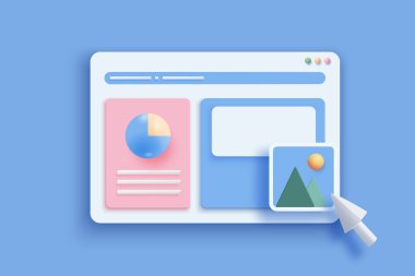 Çevrimiçi uygulama kavramı. Fare okuyla web sayfası, resim ve grafik. Gerçekçilik soyut ağ elementleri. Şekiller ve bilgiyle ağ geliştirme