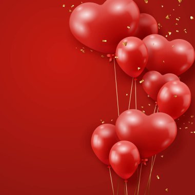 Kırmızı kalp şeklinde balonlar ve konfetilerle Sevgililer Günü arkaplanı. Kırmızı arkaplanda tatil tebrik kartı çizimi