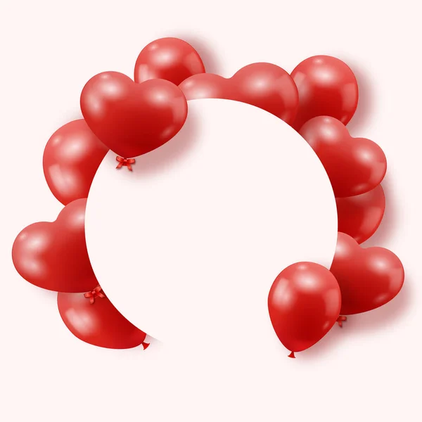 Alla hjärtans dag bakgrund med röda hjärtformade ballonger. Festlig cirkel ram med plats för text. Holiday gratulationskort mocka upp — Stock vektor