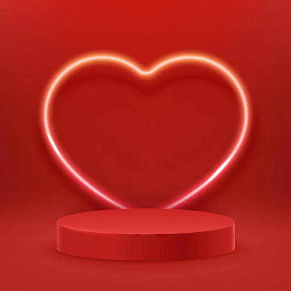Red podium with glowing heart shaped frame. Glowing lighting and shadows. Mockup scene of geometry shape platform — Vector de stock