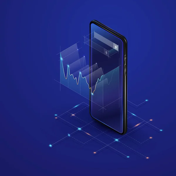 Développement au concept de succès avec téléphone 3d, cartes marketing et diagrammes. Diagrammes et graphiques marketing sur smartphone. Analyse de suivi, données de visualisation — Image vectorielle