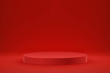 Kırmızı ürün arka planı. Geometri şekilli platformun sahnesini oluşturun. Boş arkaplan ile reklam ekranında podyum kaidesi