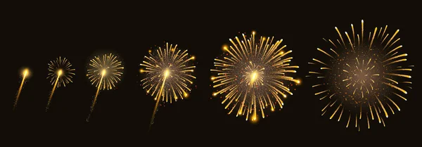 Fuochi d'artificio esplodono in varie forme. Esplosione di fuochi d'artificio di notte. razzi petardo scoppiare in grandi palle di stella scintillante — Vettoriale Stock