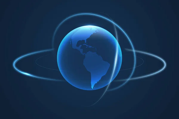 Mapa del mundo realista transparente. Concepto azul futurista del planeta Tierra. Holograma de alta tecnología del planeta Tierra con salpicaduras azules — Vector de stock