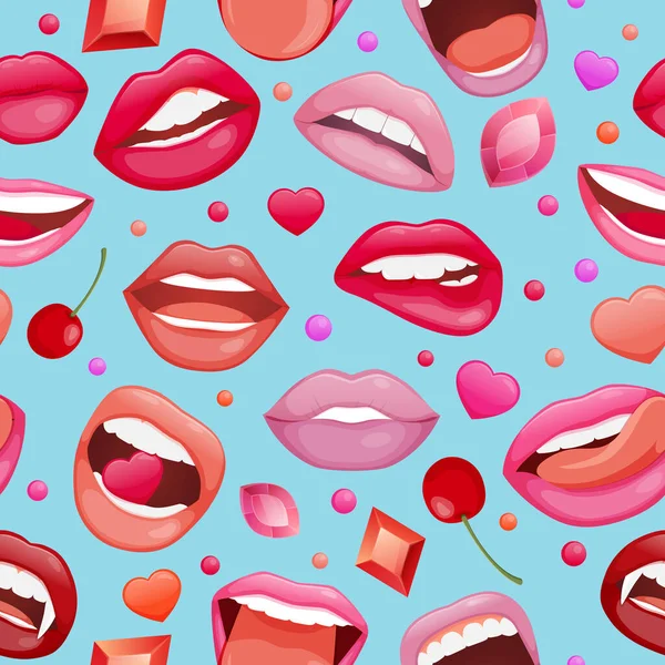 Modèle sans couture avec des lèvres de femmes. Bouche souriante brillante qui embrasse et montre la langue, les dents. Pop art style lèvres — Image vectorielle