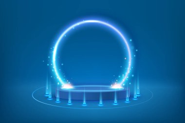 Geçit ya da daire şeklinde gelecekten gelen ışınlanma cihazı. Fantezi oyununda sihirli kapı. Fütürist teknoloji tasarımı. Reklam ekranında podyum kaidesi