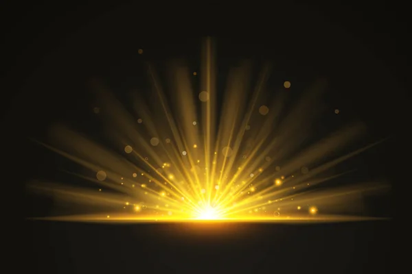 Горизонтальная золотая вспышка светового эффекта на темном фоне. Объектив вспышки, дождь, звезды и искры с коллекцией боке. Прозрачный световой эффект — стоковый вектор