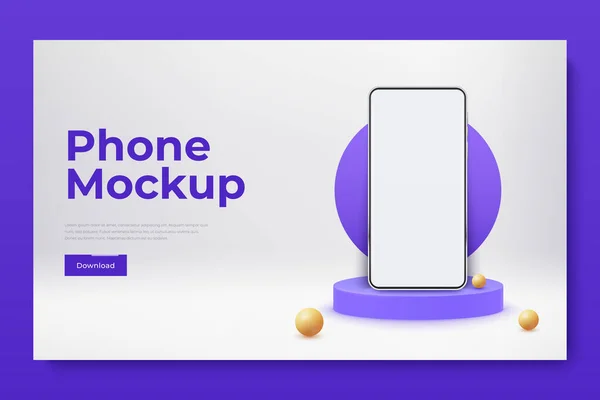 Fehér realisztikus okostelefon mockup a pódiumon. 3D-s mobiltelefon üres fehér képernyővel. Modern mobiltelefon sablon és sárga gömbök lila háttér — Stock Vector