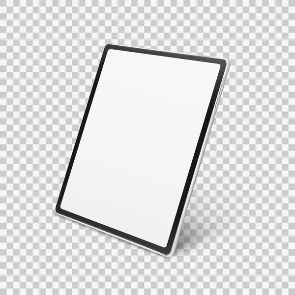 Maqueta de tableta realista blanca aislada sobre fondo a cuadros transparente. Dispositivo 3d con pantalla blanca en blanco — Vector de stock