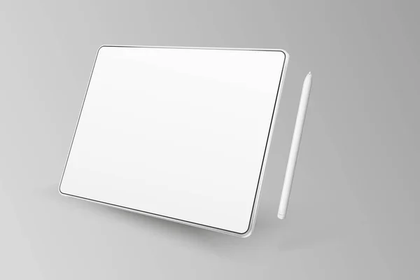 Empty tablet and pen on a light background. Device in perspective view. Tablet mockup from different angles. Illustration of device 3d screen — 스톡 벡터