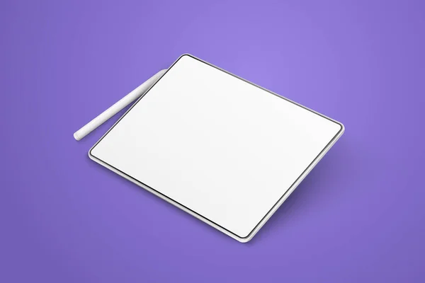 Prázdná tableta a pero na fialovém pozadí. Zařízení v zobrazení perspektivy. Maketa tablety z různých úhlů. Ilustrace 3D obrazovky zařízení — Stockový vektor