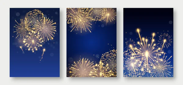 Három Plakát Tűzijátékkal Különböző Formákban Tűzijáték Robbanás Éjszaka Petárda Rakéták — Stock Vector