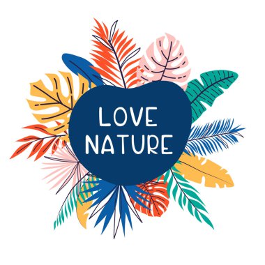 El yapımı tropikal yapraklı pankart. Çiçek desenli tasarım. Palmiye dalı. Orman egzotik yaprak vektör arkaplanı