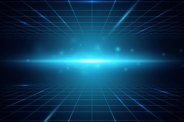 Perspektif ızgara arka planı. Kablo çerçeveli manzara. Yıldızların toz ve parıltısıyla mavi ızgara. Uzayda fütürist ışıltı