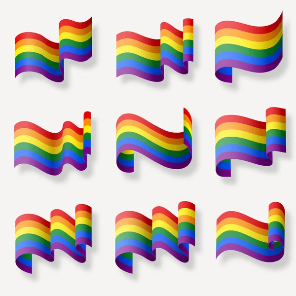 Arco Iris Lgbt Realista Ondeando Banderas Conjunto Banderas Colores Mes — Vector de stock