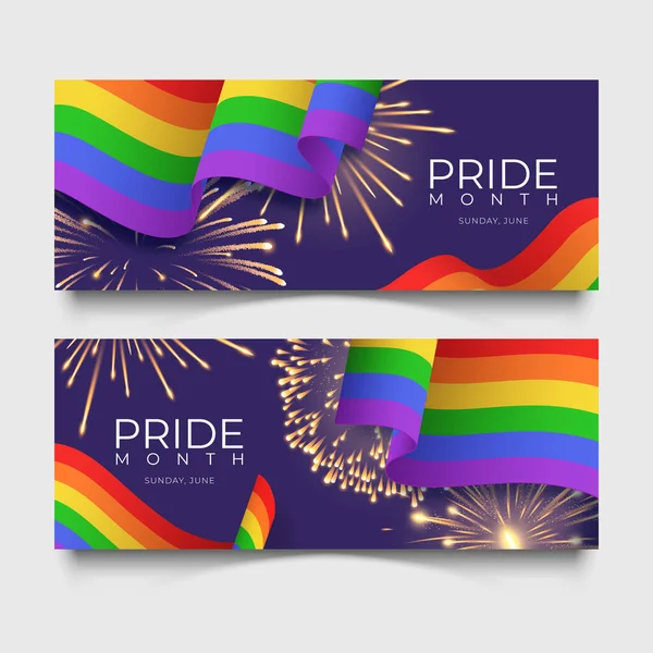 Banderas Con Arco Iris Lgbt Banderas Realistas Ondeando Fuegos Artificiales — Vector de stock