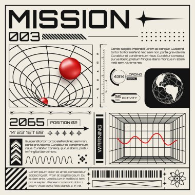 Abstract banner with wireframe 3D figures. Posters with HUD elements, perspective grid, futuristic design elements, chart and black hole. Retro cyberpunk style flyer