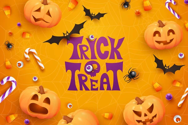 Halloween Poster Mit Bonbons Spinnen Fledermäusen Und Kürbissen Auf Violettem — Stockvektor