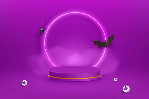 Fondo Violeta Halloween Con Luces Murciélago Niebla Araña Neón Escena — Archivo Imágenes Vectoriales