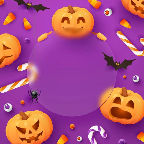 Banner Halloween Con Caramelos Arañas Murciélagos Calabazas Sobre Fondo Violeta — Archivo Imágenes Vectoriales