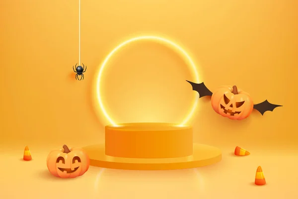 Fond Halloween Orange Avec Citrouilles Araignée Bonbons Lumières Citrouille Voler — Image vectorielle