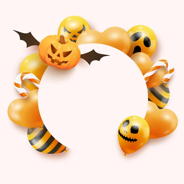 Stendardo Halloween Con Zucca Volante Caramelle Palloncini Fantasma Sfondo Bianco — Vettoriale Stock